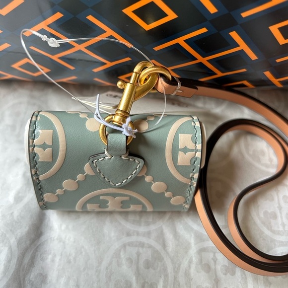 Tory Burch T Monogram Embossed Leather AirPods Pro Case Blue Celadon - Picture 2 of 5